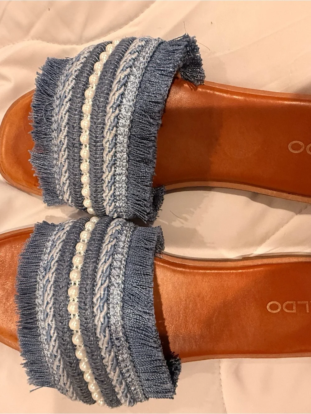 Aldo Blue Fringed Slide Sandals with Pearl Accent